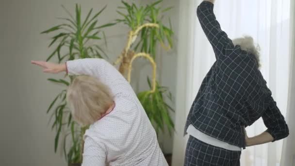 Back View Senior Caucasian Man Woman Pajamas Exercising Morning Bedroom — Wideo stockowe