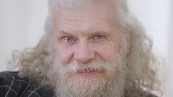 Headshot Portrait Confident Handsome Senior Man Long Grey Hair Grey — 비디오