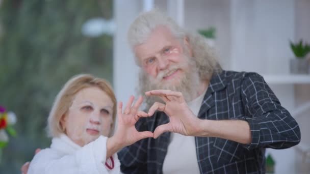Bulanık Sevgi Dolu Yaşlı Çift Kameraya Bakıp Kalp Şeklindeki Hareketleriyle — Stok video