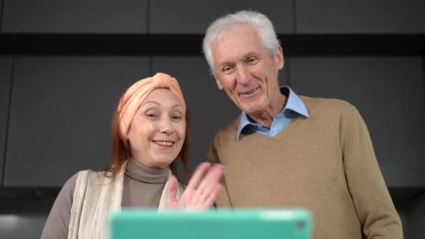 Bottom Angle View Smiling Senior Caucasian Man Woman Waving Talking — Stock video