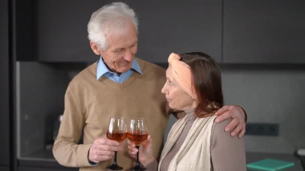 抱着年长的情侣们 叮当着酒杯 看着镜头笑着 情人节当天 积极可爱的白人丈夫和妻子在家里摆姿势 爱情与浪漫的概念 — 图库视频影像