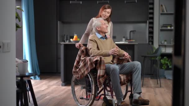 Wide Shot Portrait Senior Husband Wheelchair Touching Hand Wife Shoulder — Vídeos de Stock