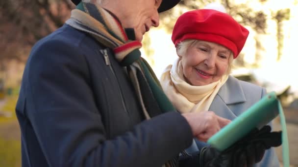 Χαμογελώντας Ηλικιωμένη Γυναίκα Μιλάμε Τον Άνδρα Κύλιση Ψηφιακή Οθόνη Αφής — Αρχείο Βίντεο