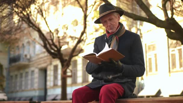 Intelligent Handsome Caucasian Senior Man Turning Book Page Reading Outdoors — Vídeos de Stock