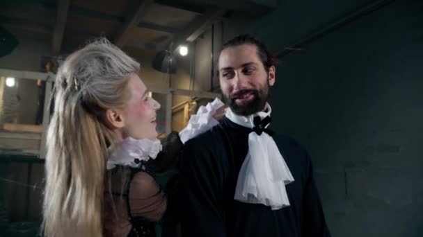 Cheerful Handsome Man Beautiful Woman Putting Stage Costumes Backstage Getting — Vídeo de Stock