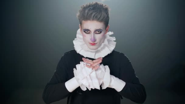 Front View Portrait Talented Young Man Clown Stage Makeup Looking — Stockvideo