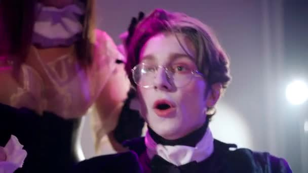 Young Caucasian Actor Eyeglasses Curios Facial Expression Playing Role Stage — Stok Video