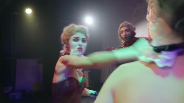 Tracking Shot Actresses Imitating Fight Hitting Face Moving Slowly Caucasian — Wideo stockowe