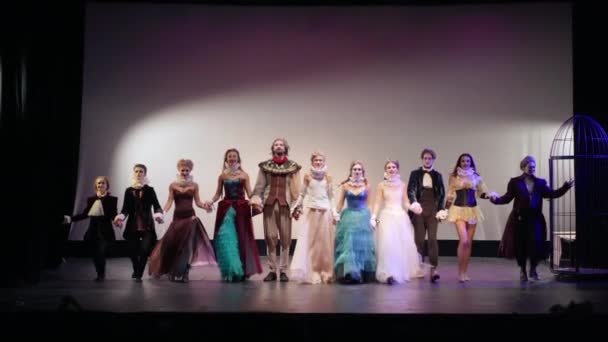 Wide Shot Theater Director Holding Hands Walking Actors Actresses Stage — Video