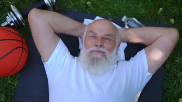 Top View Happy Senior Caucasian Man Lying Exercise Mat Smiling — Video Stock