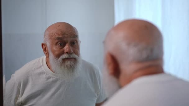 Satisfied Old Caucasian Man Caressing Long White Beard Smiling Looking — Stockvideo