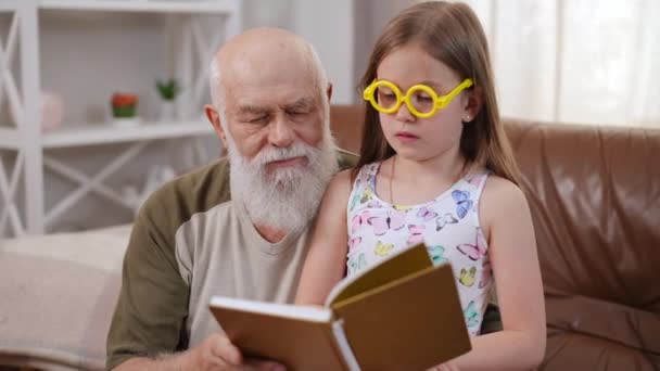 Concentrated Caucasian Girl Yellow Toy Eyeglasses Reading Book Out Loud — Vídeo de stock