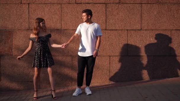 Wide Shot Slim Gorgeous Woman Spinning Slow Motion Hugging Kissing — Stockvideo
