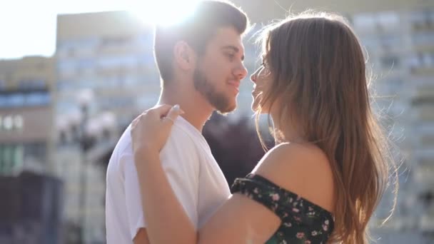 Live Camera Panning Loving Hugging Millennial Happy Couple Standing City — Wideo stockowe