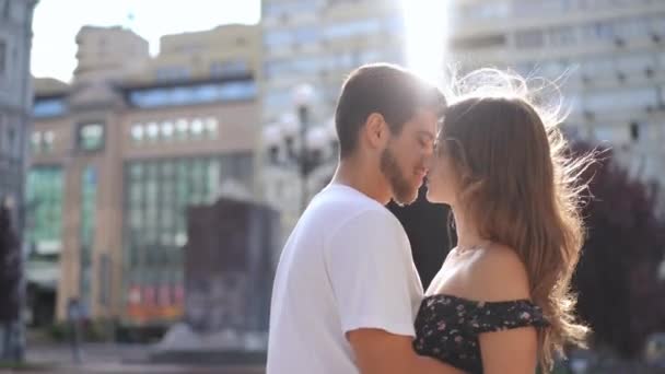 Loving Tender Young Couple Standing Sunshine Rubbing Noses Slow Motion — Stock video