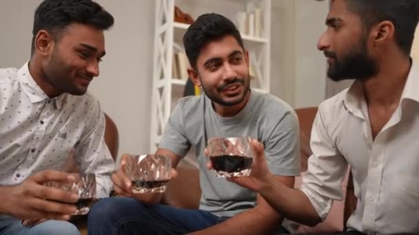 Portrait Three Middle Eastern Smiling Young Men Toasting Looking Camera — Stock Video