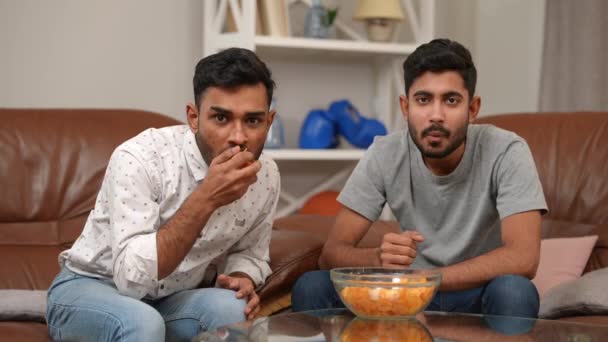 Two Absorbed Focused Young Middle Eastern Men Eating Chips Looking — Stock Video