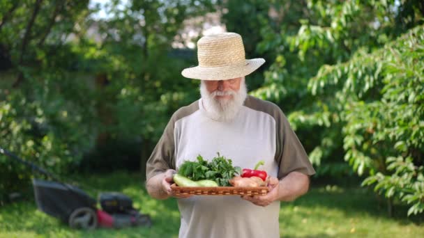 Retrato Jardineiro Sênior Caucasiano Orgulhoso Posando Câmera Lenta Com Colheita — Vídeo de Stock