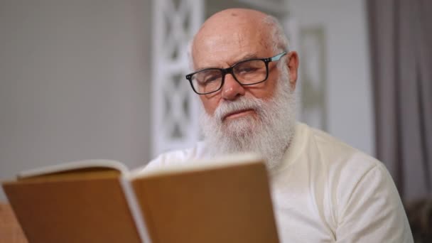 Intelligent Diserap Pria Senior Dalam Kacamata Membaca Buku Duduk Ruang — Stok Video