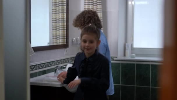 Joyful Boy Girl Leaving Bathroom Getting Ready School Morning Positive — Stok video