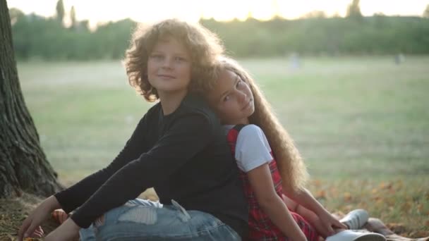 无忧无虑的白人男孩和女孩靠着相机 背靠背坐在春夏草地上的毛毯上 在夕阳西下 在阳光下 快乐悠闲的朋友们的画像 — 图库视频影像