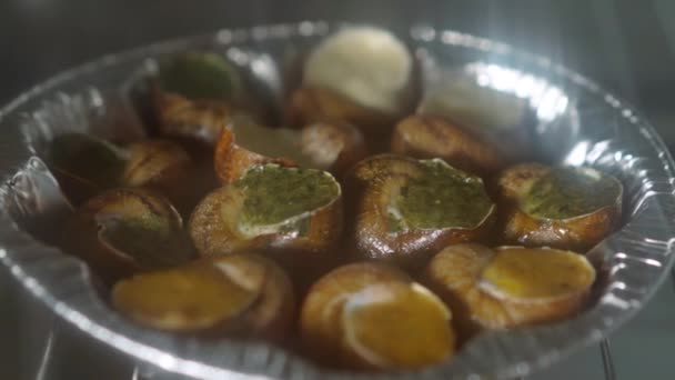 Close Plate Baked Escargot Indoors Cooked Exotic Delicacy Closeup — Stock Video
