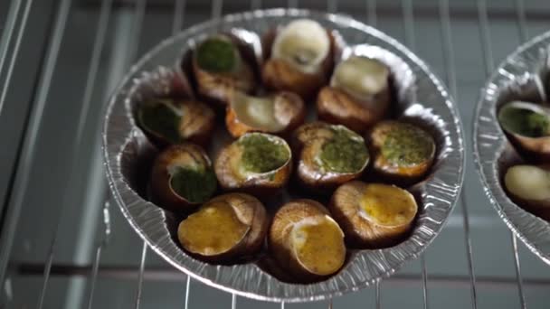 トップビューは プレート上のスパイスで調理されたエスカルゴ 近くにおいしい健康的なフランス料理の食べ物 — ストック動画