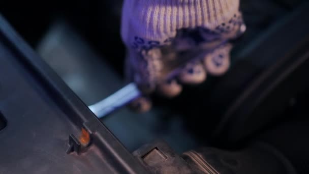 Close Male Hand Glove Using Wrench Screwing Bolts Car Hood — Vídeos de Stock