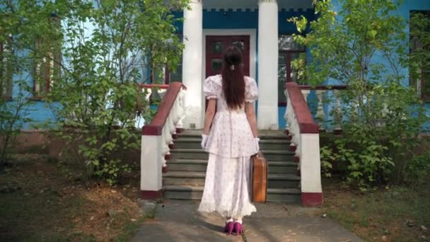 Back View Young Retro Woman Suitcase Standing Vintage Building Looking — Stock videók