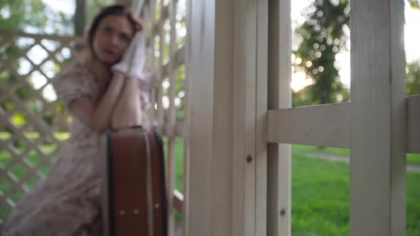 Close Wooden Fence Blurred Retro Woman Suitcase Background Unrecognizable Young — Stockvideo
