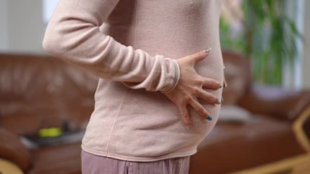 Seitenansicht Unkenntlich Schwangere Kaukasierin Mit Schmerzverzerrtem Bauch Glückliche Erwartung Steht — Stockvideo