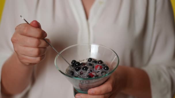Close Fruit Jam Whole Berries Transparent Glass Bowl Female Caucasian — Stock Video