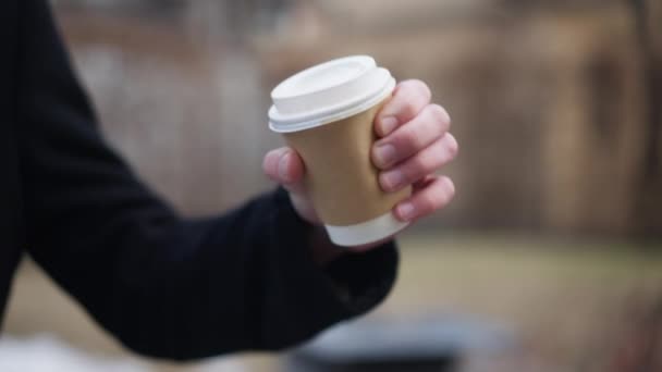 Close Hand Nervous Man Sqeezing Paper Cup Outdoors Unrecognizable Stressed — Stock Video
