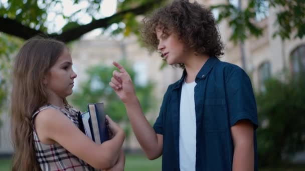 Side View Boy Flirting Girl Touching Nose Talking Irritated Annoyed — Stock Video