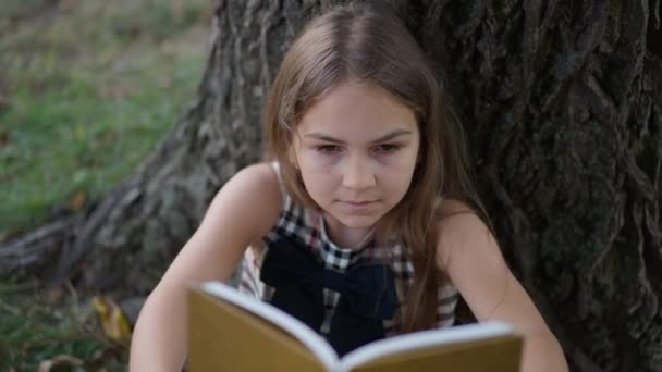 Açık Havada Ağaç Gövdesine Yaslanmış Kitap Okuyan Zeki Liseli Kızın — Stok video