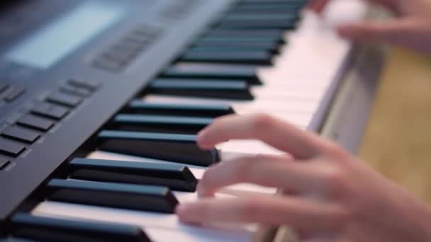 Yüksek Açılı Genç Kadın Eli Gün Işığında Piyano Sentezleyici Klavye — Stok video