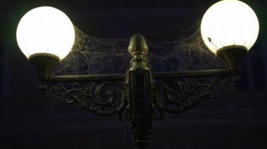 Açık havada kara gece gökyüzünün arka planında yakın plan sokak feneri. Şehir merkezinde gece yarısı sokak lambası ve hiç insan yok.