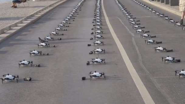 Paloma Cruzando Carretera Pasando Filas Drones Bajo Sol Aire Libre — Vídeo de stock