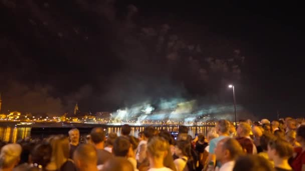 Будапешт Угорщина Травня 2022 Натовп Дивиться Феєрверки Вночі Відкритому Повітрі — стокове відео