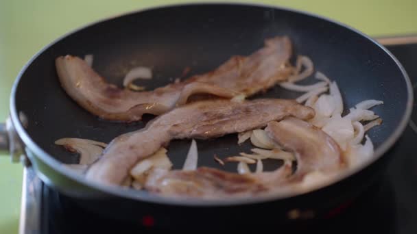 Frigideira Close Com Mão Macho Salga Carne Cozida Com Cebola — Vídeo de Stock