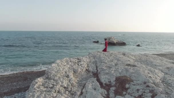キプロスの地中海の崖の上に立つバイオリンを演奏才能のある女性のパンニングワイドショット 日没時に屋外で音楽を楽しむ赤いドレスで自信を持って白人音楽家 自然と芸術の概念 — ストック動画