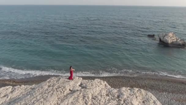 海の波が海岸に圧延としてバイオリンを演奏赤いドレスで才能のある女性の空中ビュー 自信満々の白人女性が日の出にビーチで音楽を楽しむ — ストック動画