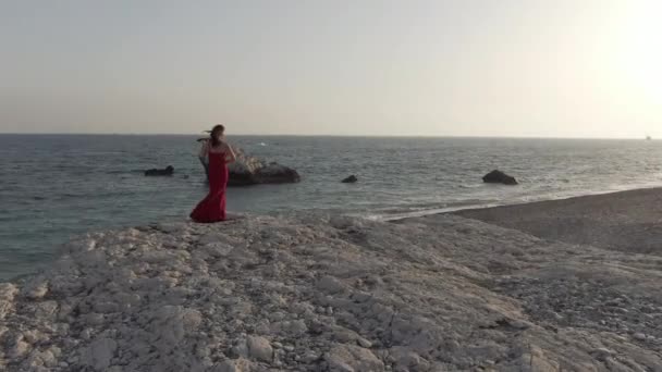無限の海の海岸でバイオリンを演奏赤いドレスで才能のある女性の周りに回転ライブカメラ 地中海で屋外で音楽を演奏白人女性音楽家の広いショットの肖像画 — ストック動画