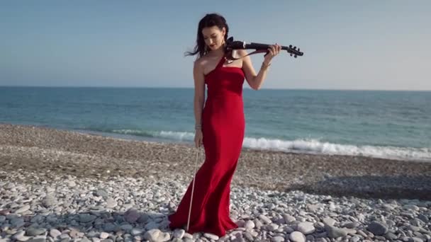 穿着红色衣服的瘦小 美丽的高加索女人 站在阳光下 手持小提琴和弓箭 站在海滨的宽阔的肖像画 塞浦路斯地中海有才华 自信的女音乐家 — 图库视频影像