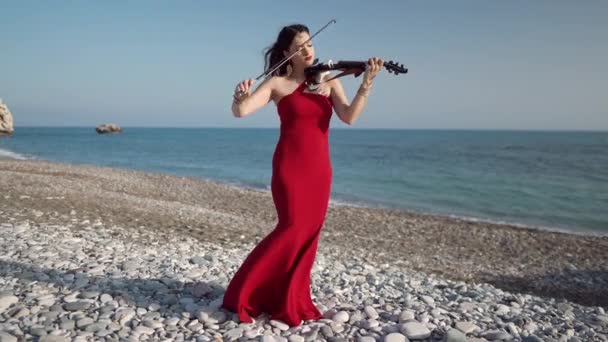 广博华丽的女歌手小提琴演奏在风景如画的地中海背景下 矗立在卵石沙滩上 有自信的白人女人在户外欣赏音乐 — 图库视频影像