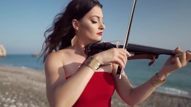地中海沿岸の日差しの中でバイオリンを演奏濃縮美しい女性の肖像画 キプロスの海岸で屋外で音楽を演奏するインスピレーションを受けた白人女性ミュージシャン — ストック動画
