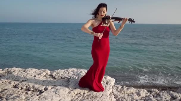 穿着红色衣服 在悬崖上拉小提琴 背景是海浪在海岸翻滚的美丽女音乐家的全景肖像 有自信的才华的白种人女人在海滨户外受到启发 — 图库视频影像