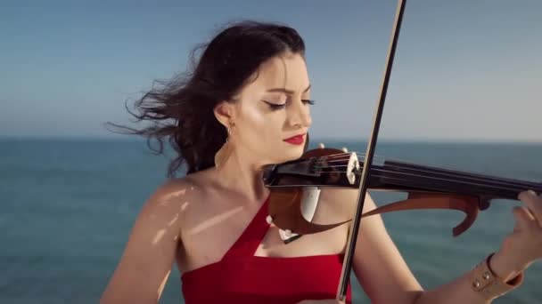 一个女人在日落时站在海岸上看着相机 拉小提琴的画像 在室外阳光下摆姿势欣赏音乐的前瞻有自信的天才女士 — 图库视频影像