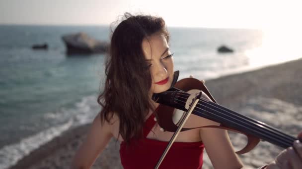 Высокоугловой Портрет Поглощенной Талантливой Женщины Играющей Скрипке Замедленной Съемке Закате — стоковое видео