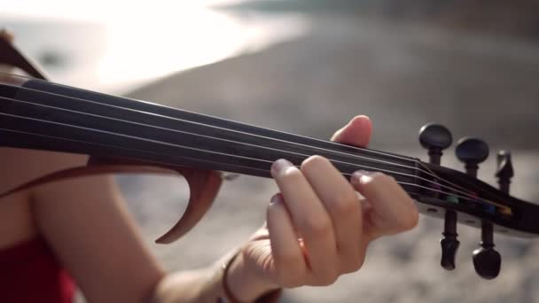 特写镜头中的女性手放在小提琴板上 在阳光下轻快地弹奏着音乐 触碰着琴弦 难以辨认的白人女性天才表演者在日落时分在海滩上欣赏音乐 — 图库视频影像